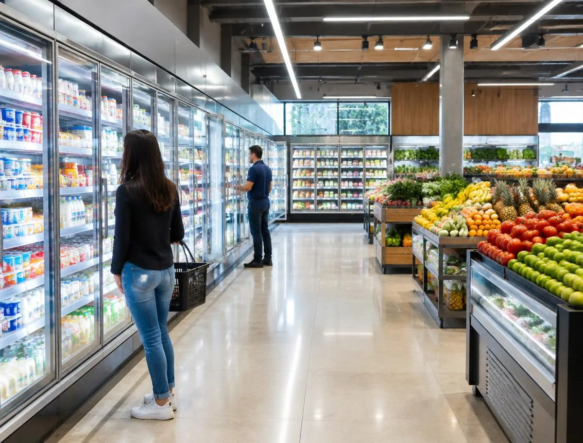 Supermercado com expositores refrigerados e área de hortifrúti