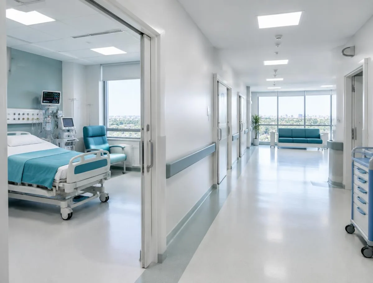 Corredor hospitalar com quarto assistencial e equipamentos médicos