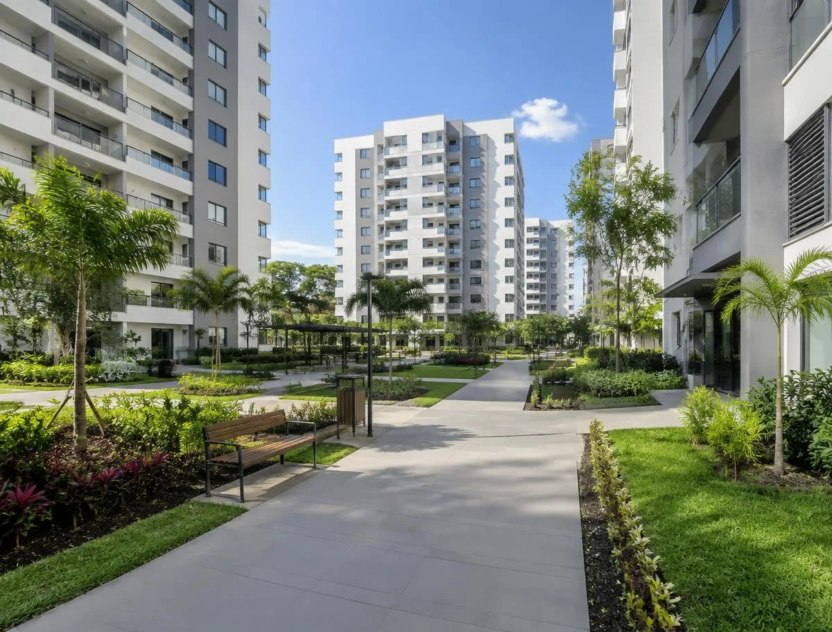 Condomínio residencial com edifícios e áreas comuns ajardinadas