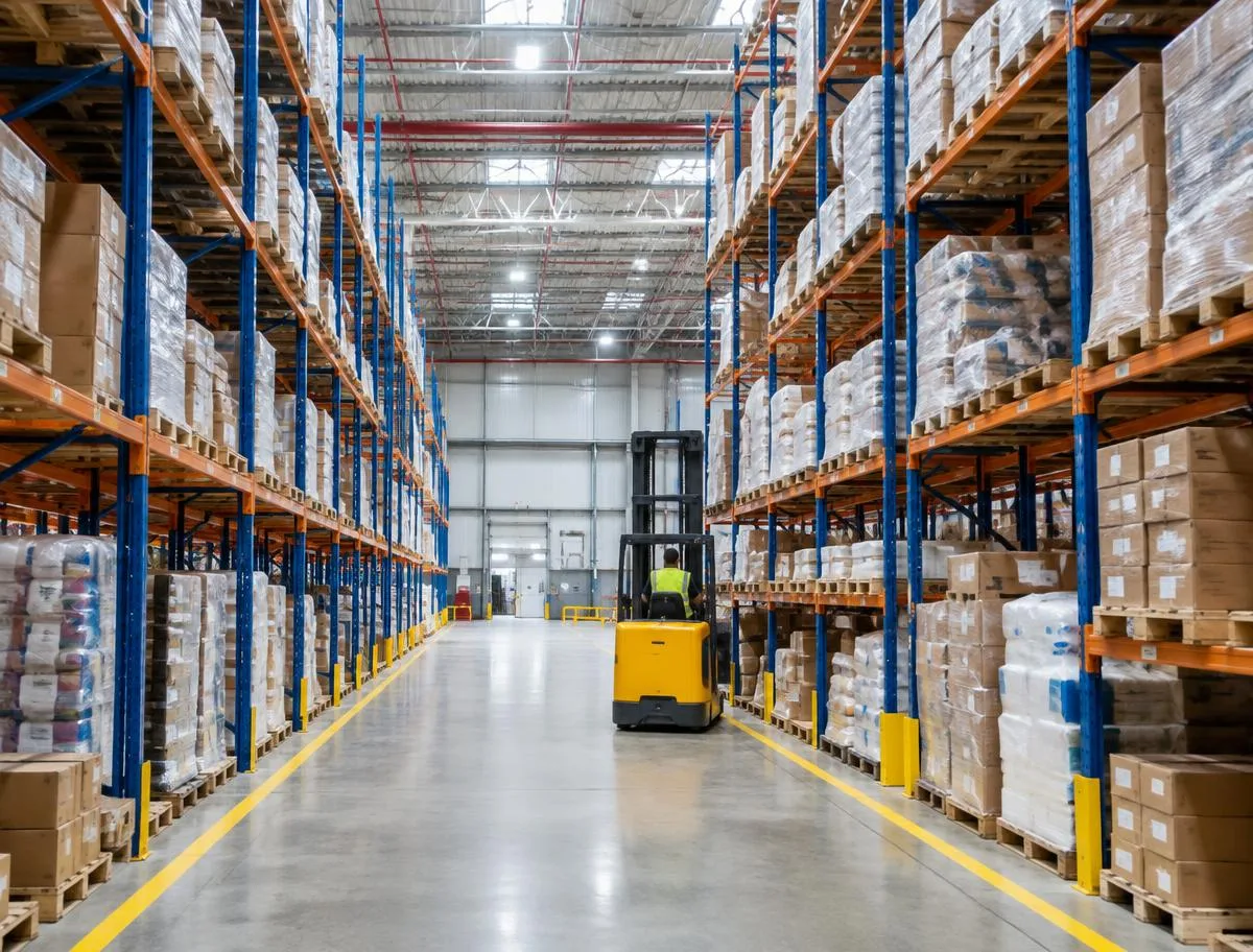 Centro de distribuição com armazenagem vertical e empilhadeira