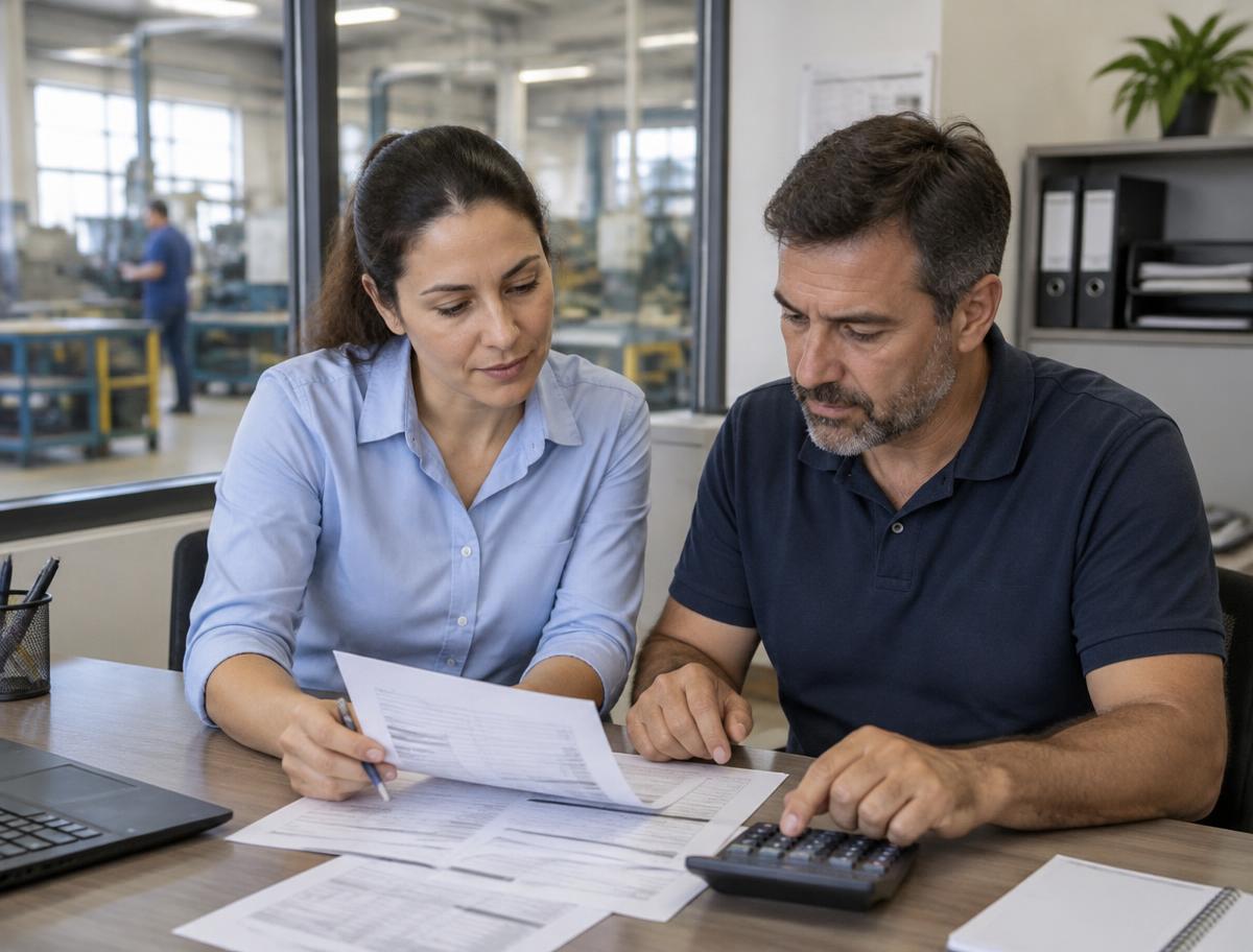 Cena ilustrativa de profissionais analisando uma conta de energia com calculadora em uma empresa industrial